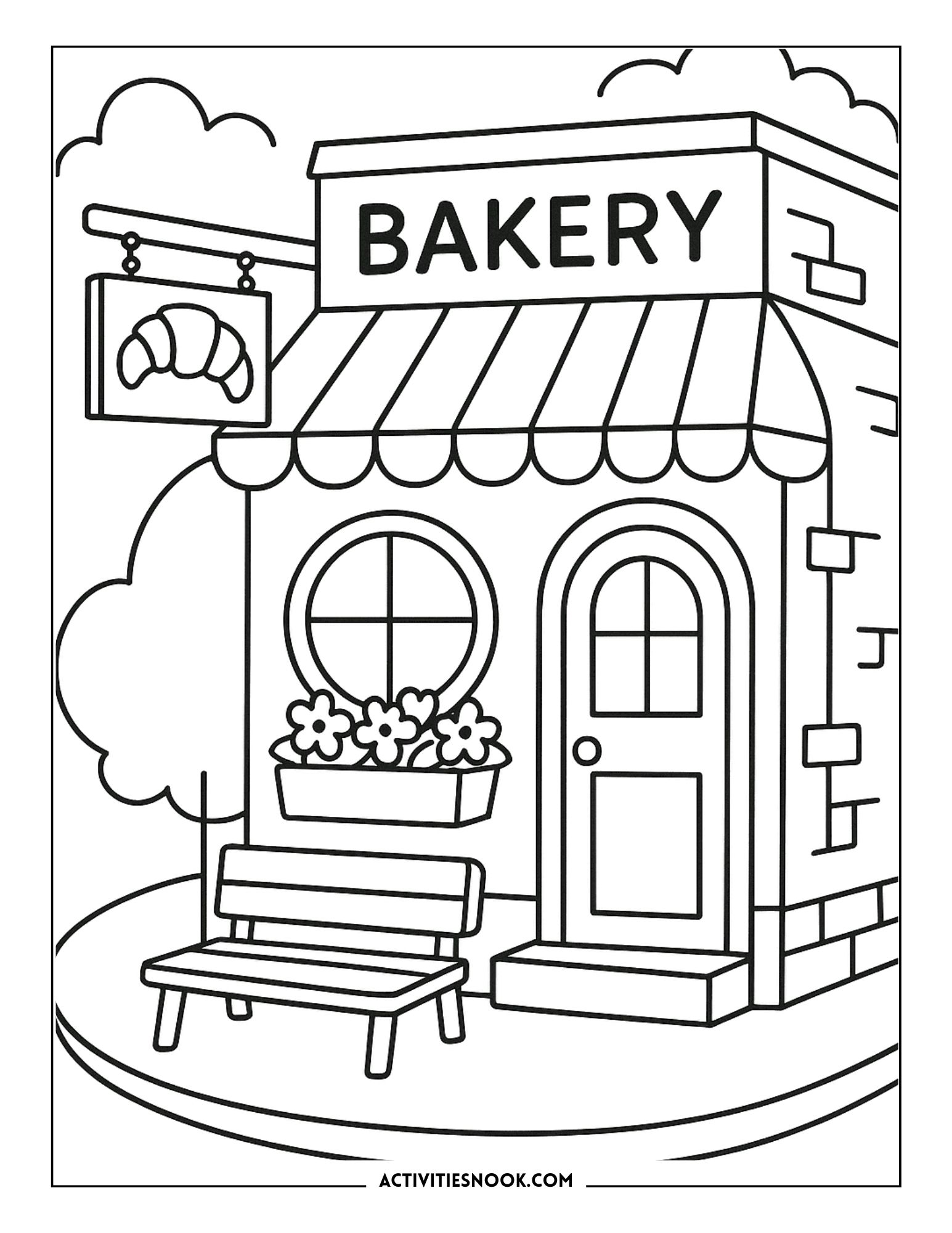 Line art illustration of a bakery storefront with a sign, window, and flowers in a planter.