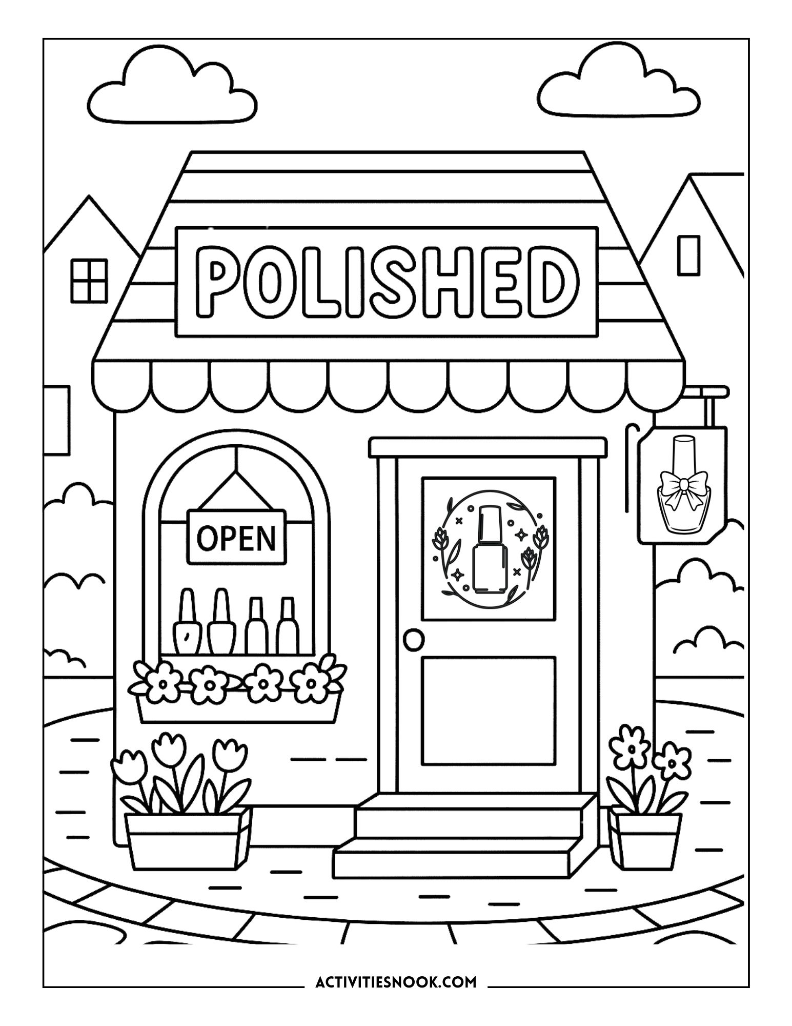 Coloring page of a shop named 'Polished' with an open sign and decorative elements.