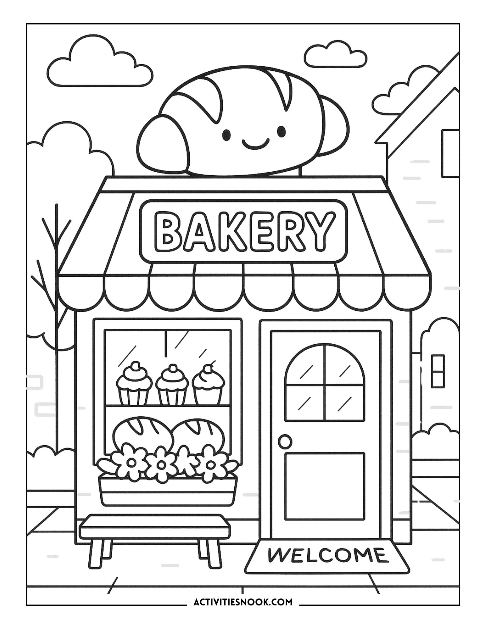 Black and white coloring page of a bakery with a croissant on the roof and a welcoming entrance.