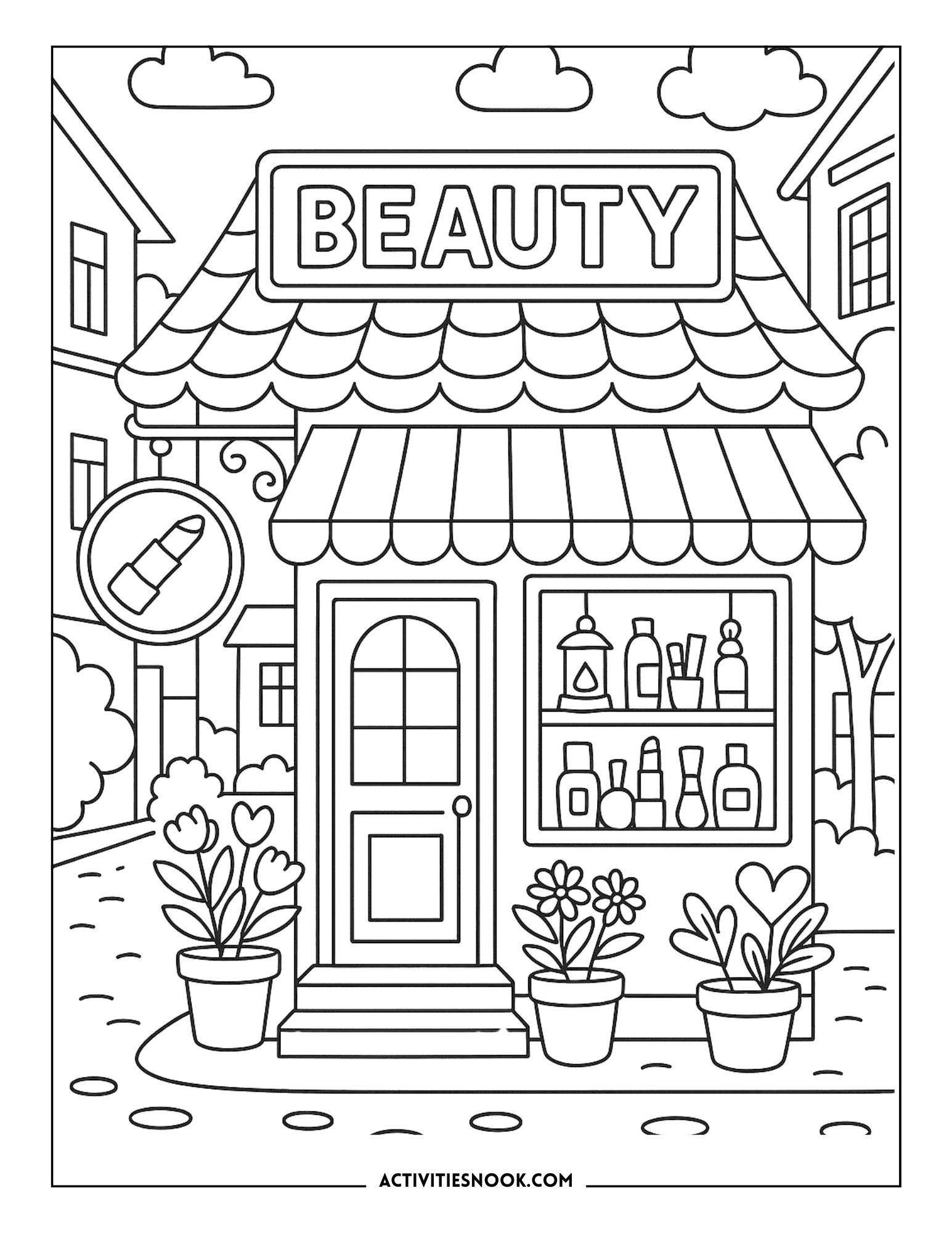 Line art illustration of a beauty shop with a sign, door, and potted plants outside.