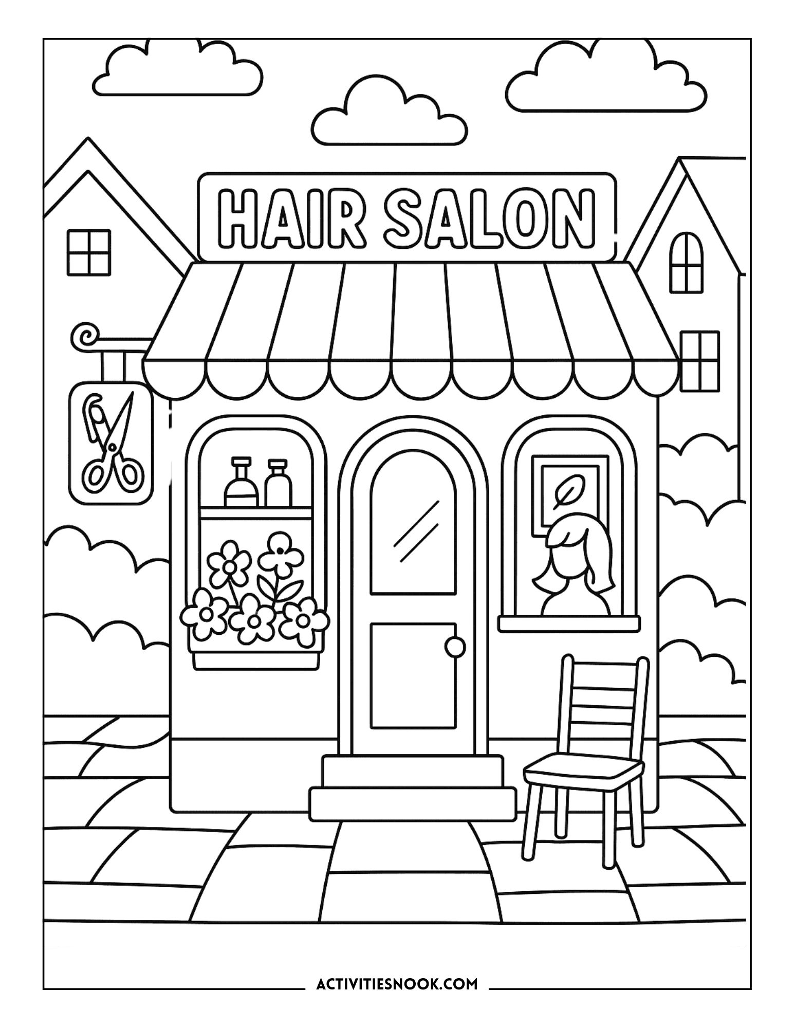 Black and white coloring page of a hair salon with a sign, flowers, and a chair outside.