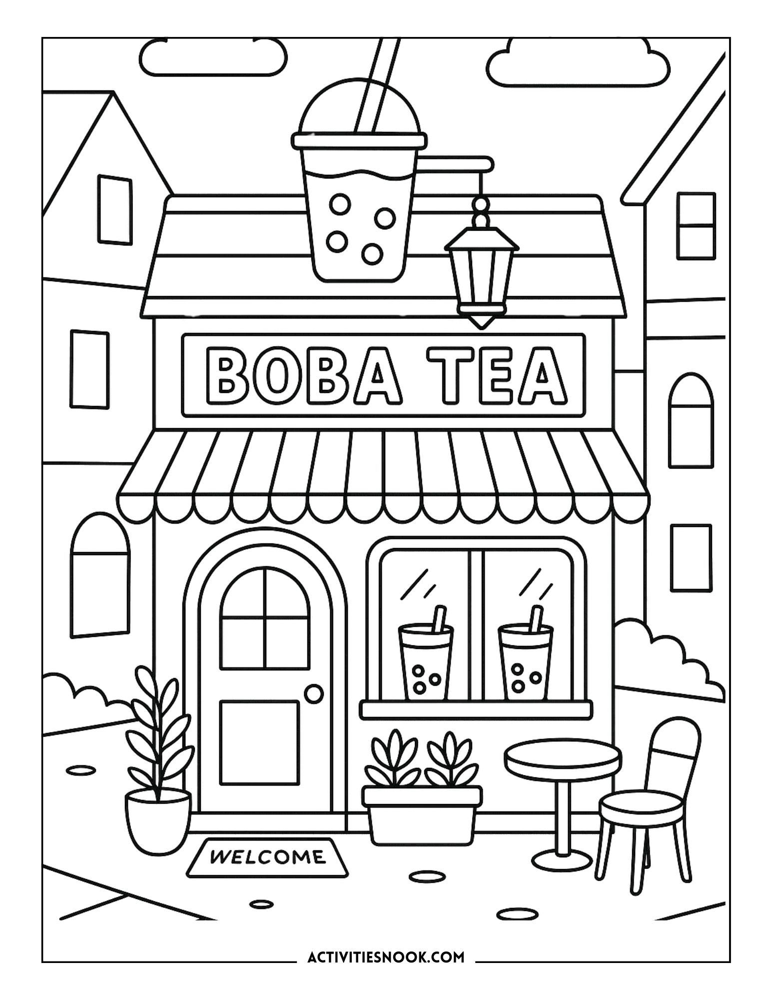 Coloring page of a boba tea shop with a large drink on the roof and outdoor seating.
