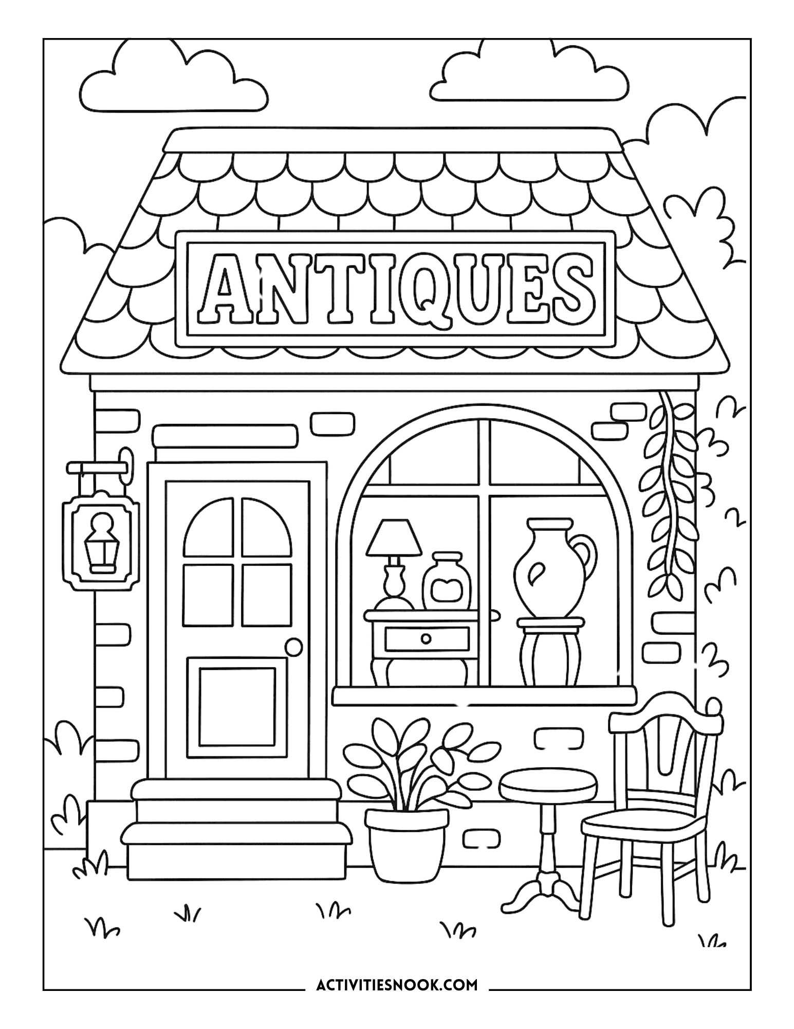 Coloring page of an antique shop with a sign, window display, and outdoor seating.