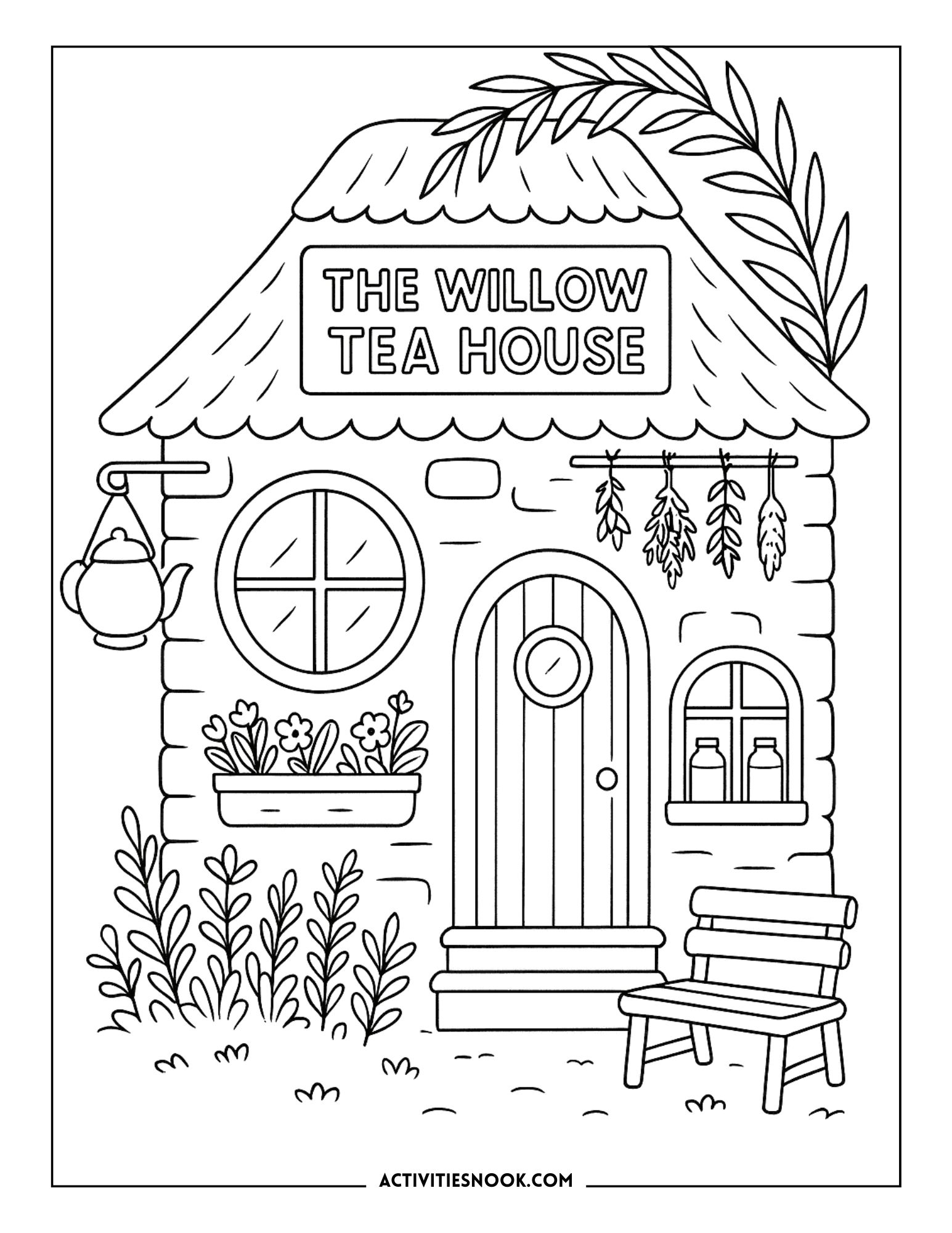 Line art illustration of The Willow Tea House with a thatched roof and decorative plants.