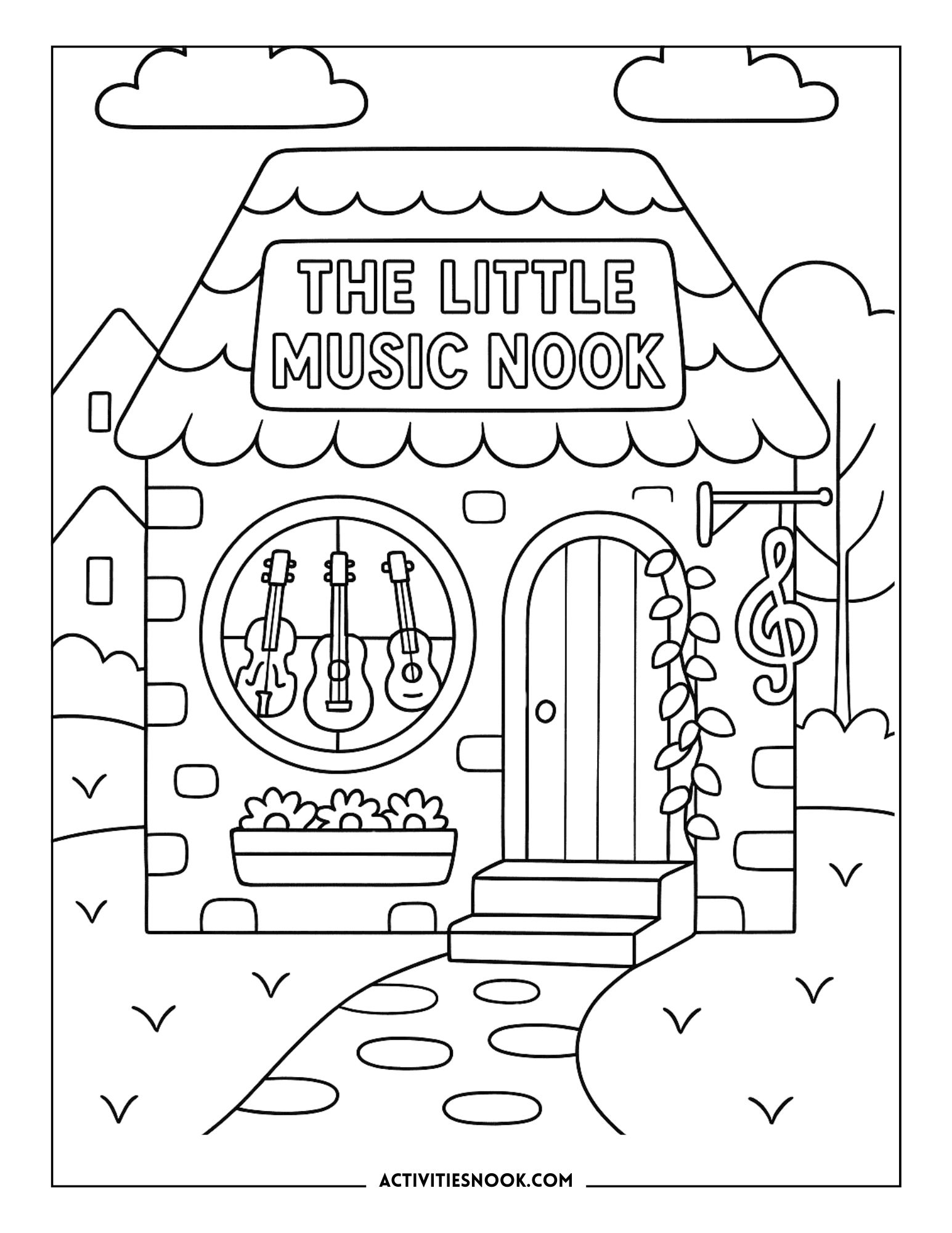 Coloring page of a music-themed shop called 'The Little Music Nook' with guitars displayed in a window.