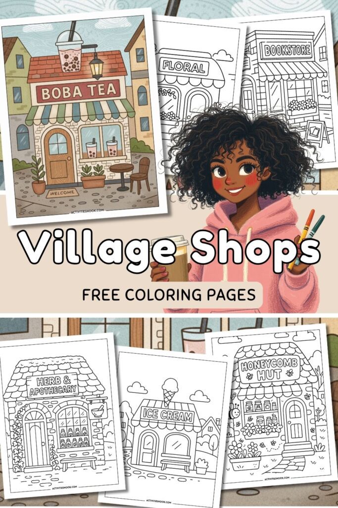 Coloring pages featuring various village shops including a boba tea shop, bookstore, and ice cream hut.