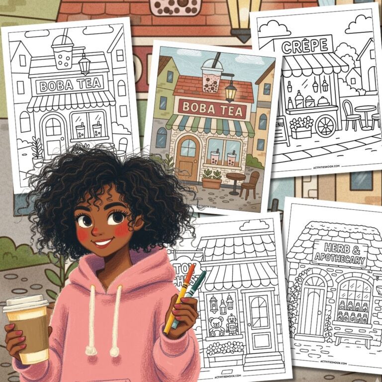 Coloring pages featuring various village shops including a boba tea shop and an apothecary with a girl holding colored pencils.