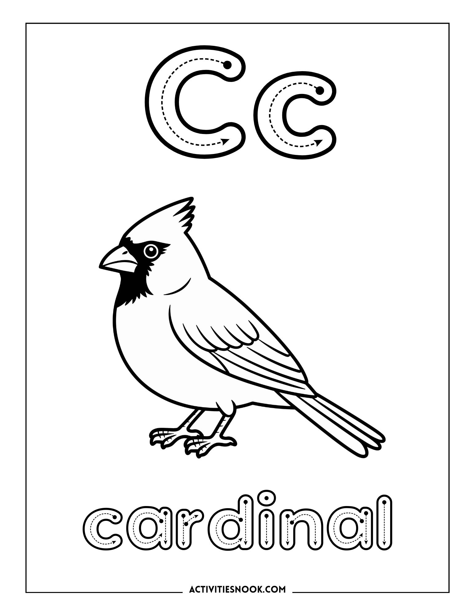 Black and white coloring page featuring a cardinal bird with the letter 'C' and the word 'cardinal' below it.
