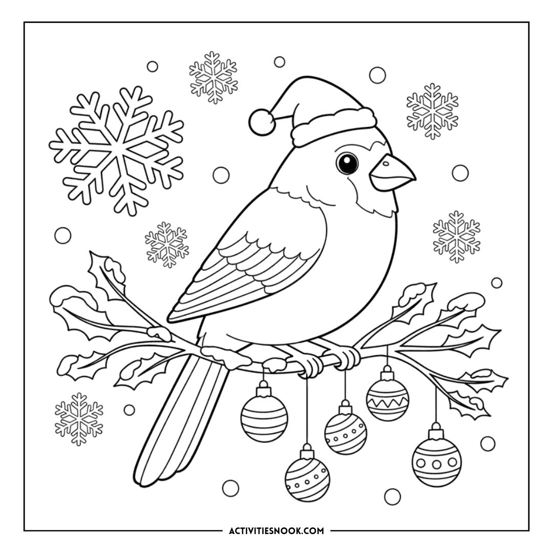 Coloring page featuring a cardinal bird wearing a Santa hat perched on a branch with ornaments and snowflakes.