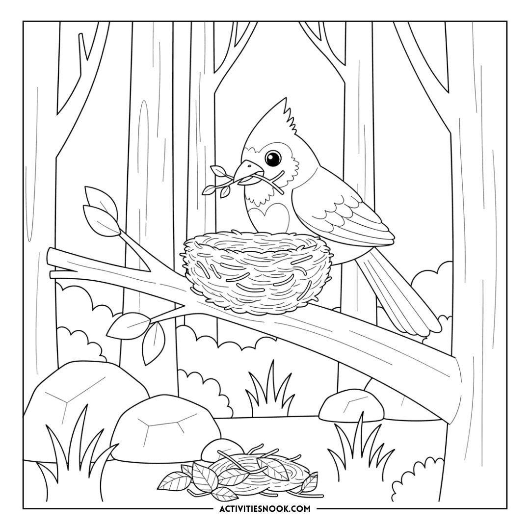 Coloring page featuring a cardinal bird perched on a nest with foliage in a natural setting.