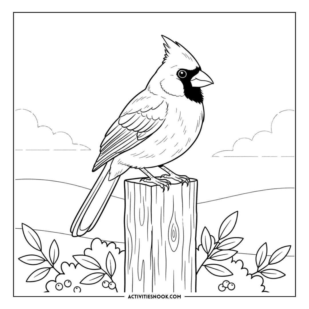 Line art illustration of a cardinal perched on a wooden stump surrounded by foliage and clouds.