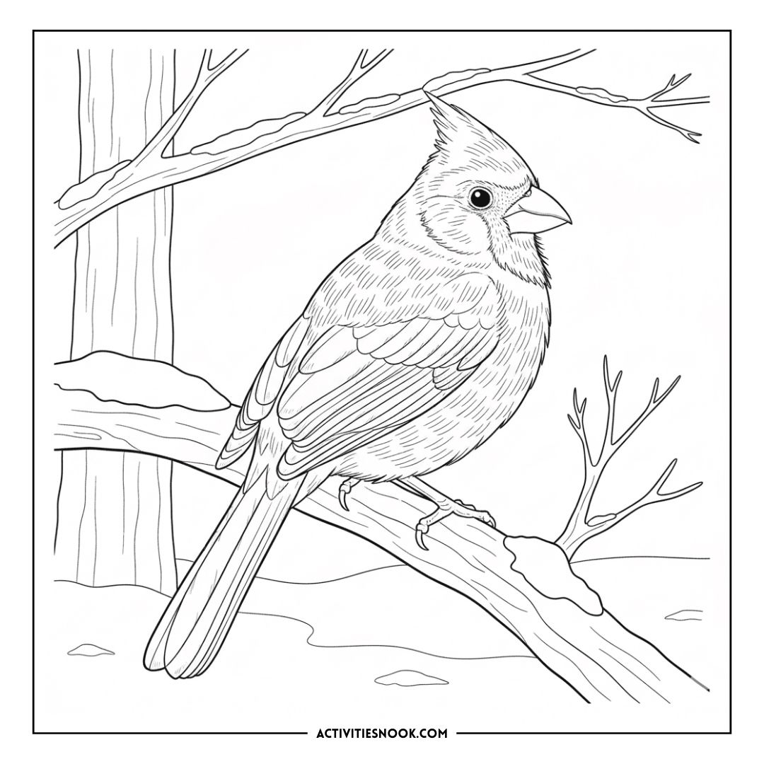 Black and white coloring page of a cardinal bird perched on a branch with detailed feathers.