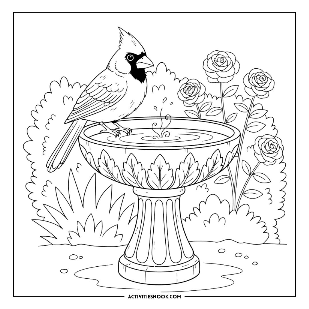 Black and white coloring page featuring a cardinal perched on a birdbath surrounded by roses and foliage.