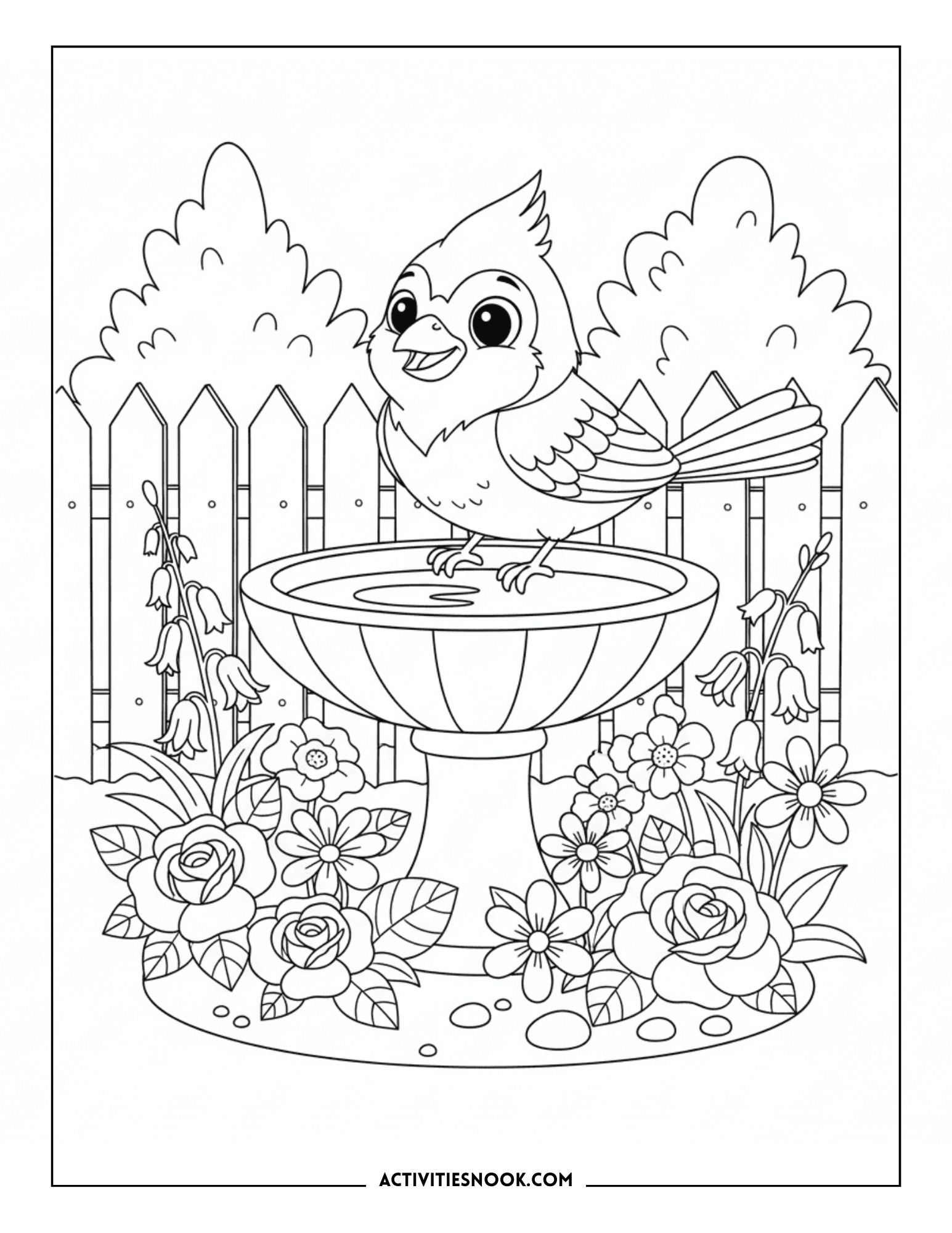 A cardinal bird standing on the edge of a birdbath surrounded by flowers and greenery.