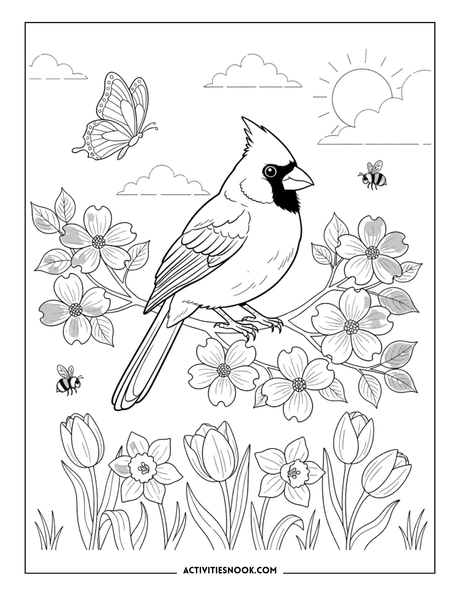 Coloring page featuring a cardinal perched on a branch with flowers, butterflies, and clouds.
