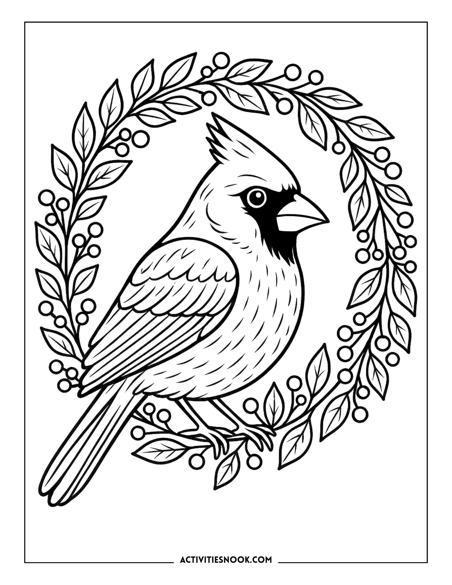 Black and white coloring page featuring a cardinal bird surrounded by leaves and berries.