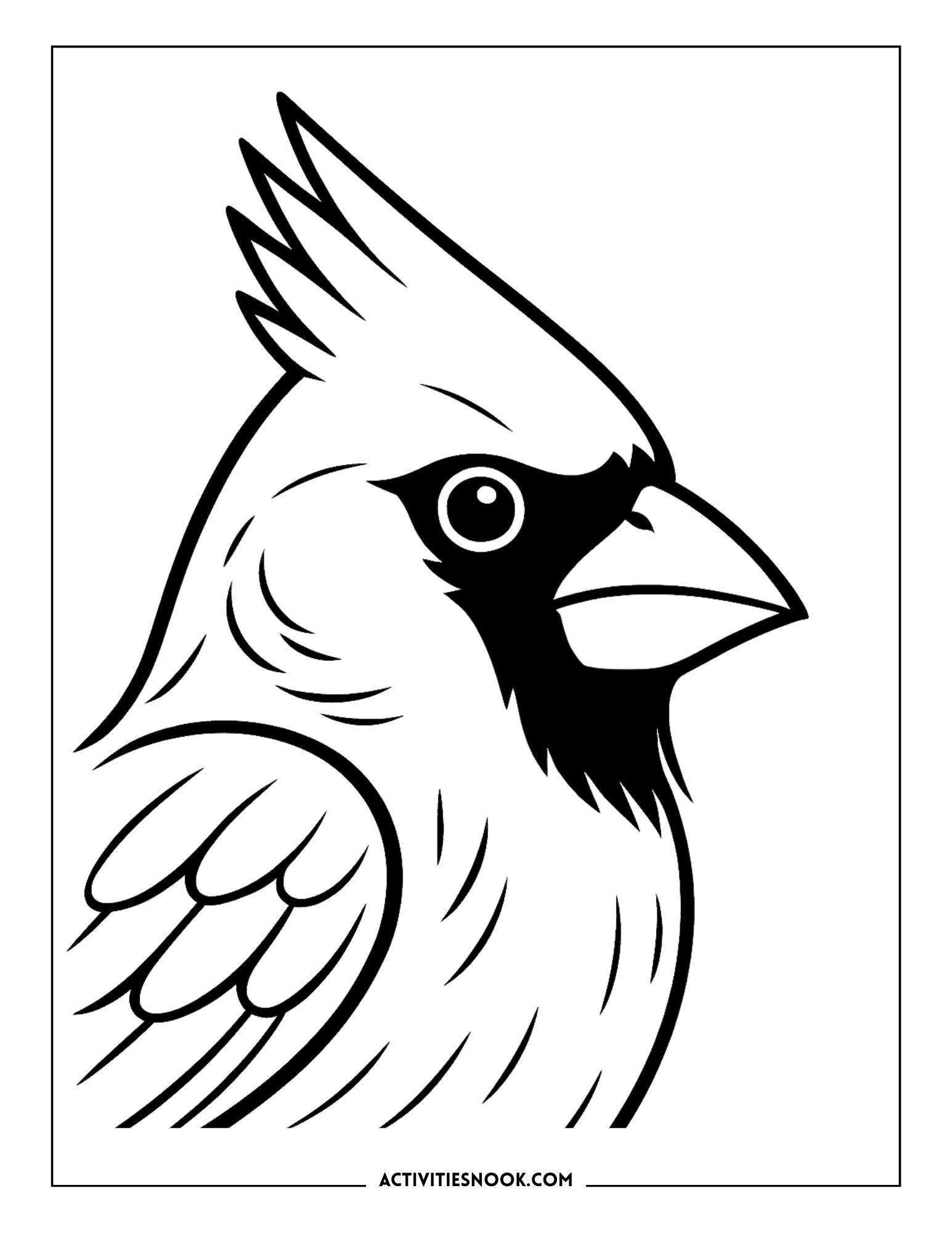 Black and white coloring page of a cardinal bird with detailed features and sharp beak.
