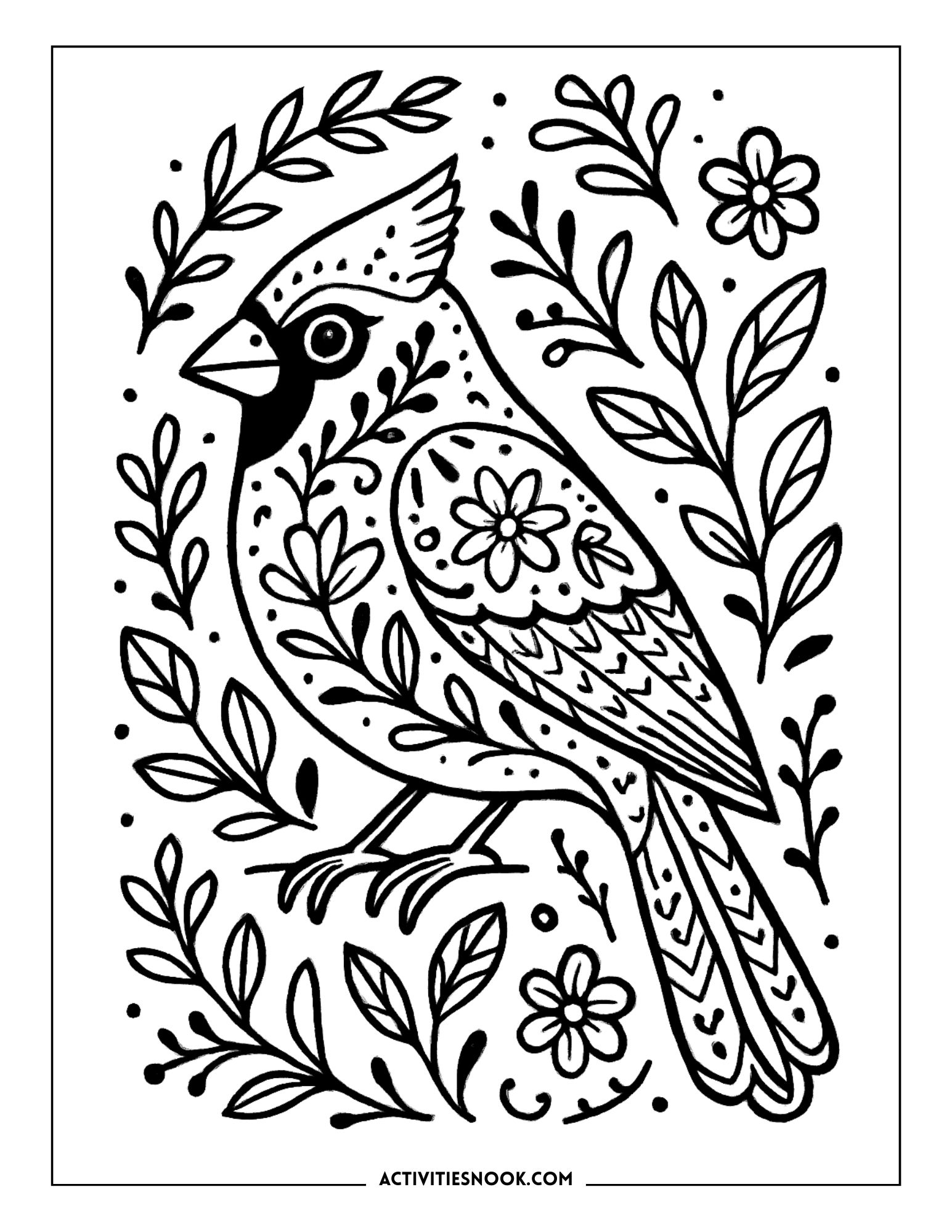 Black and white coloring page featuring a cardinal surrounded by floral designs and leaves.