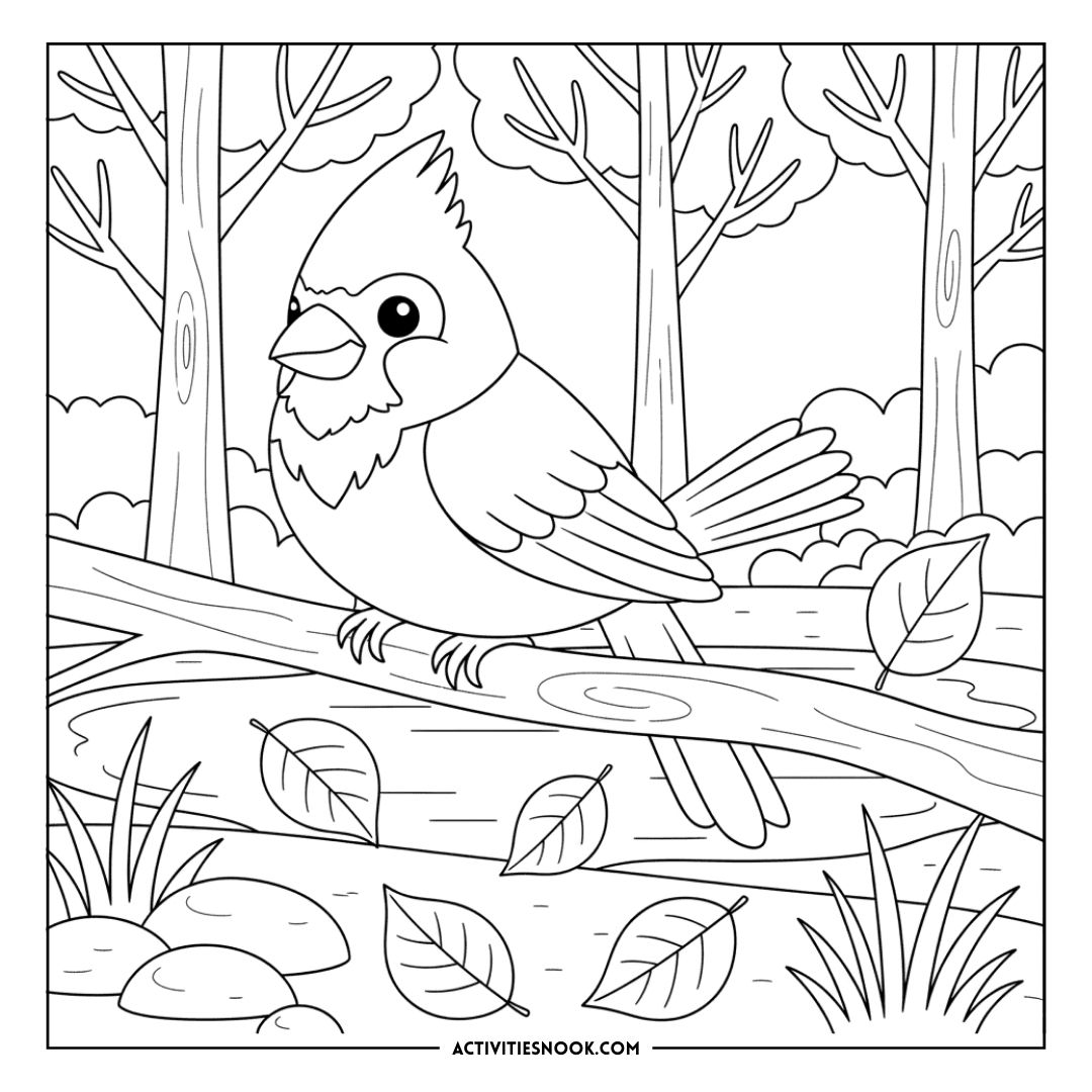 Black and white coloring page featuring a cardinal perched on a branch among trees and leaves.
