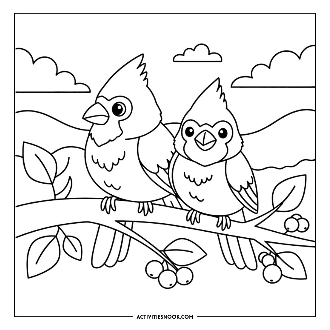 Two cardinals sitting on a branch with leaves and berries in a coloring page design.
