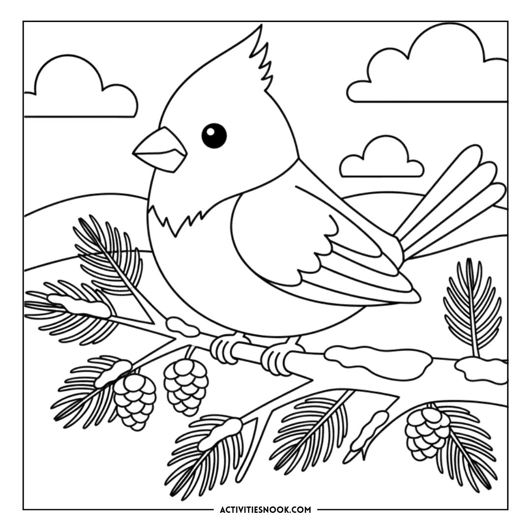 Black and white coloring page of a cardinal perched on a branch with pine cones and clouds in the background.