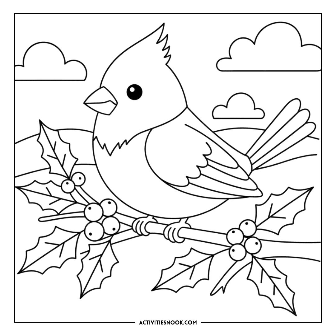 Coloring page featuring a cardinal perched on a holly branch with berries and clouds in the background.