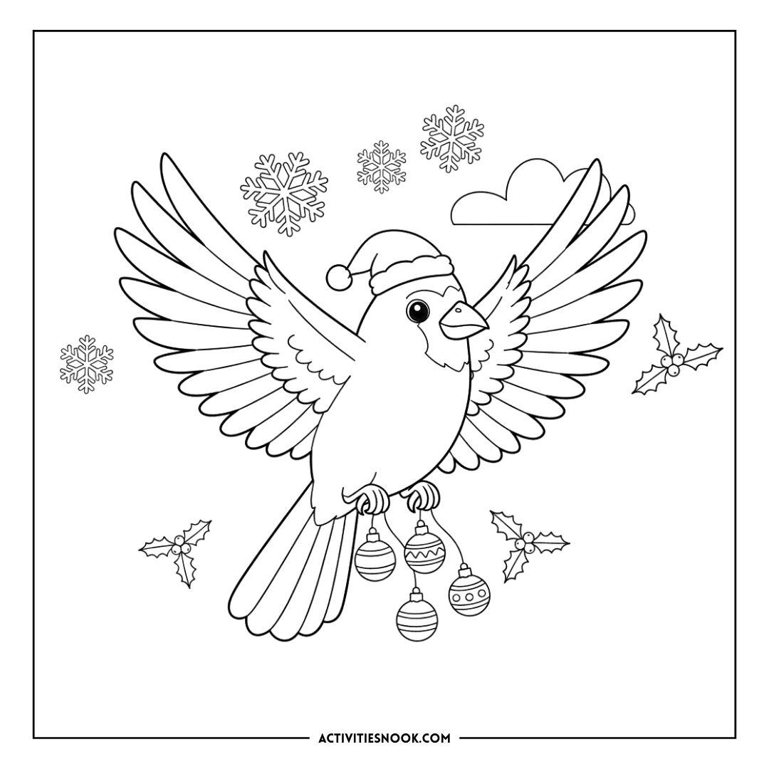 Line art illustration of a cardinal wearing a Santa hat, holding ornaments with snowflakes and holly in the background.