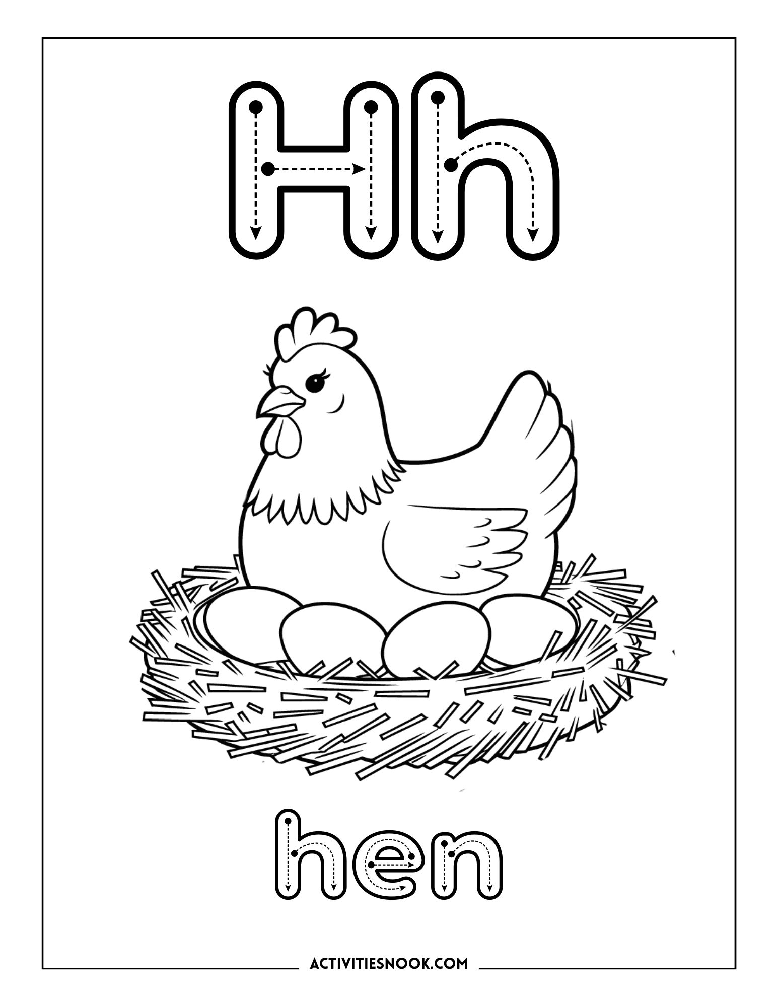 Black and white coloring page featuring a hen sitting on a nest with eggs and the letter Hh above.