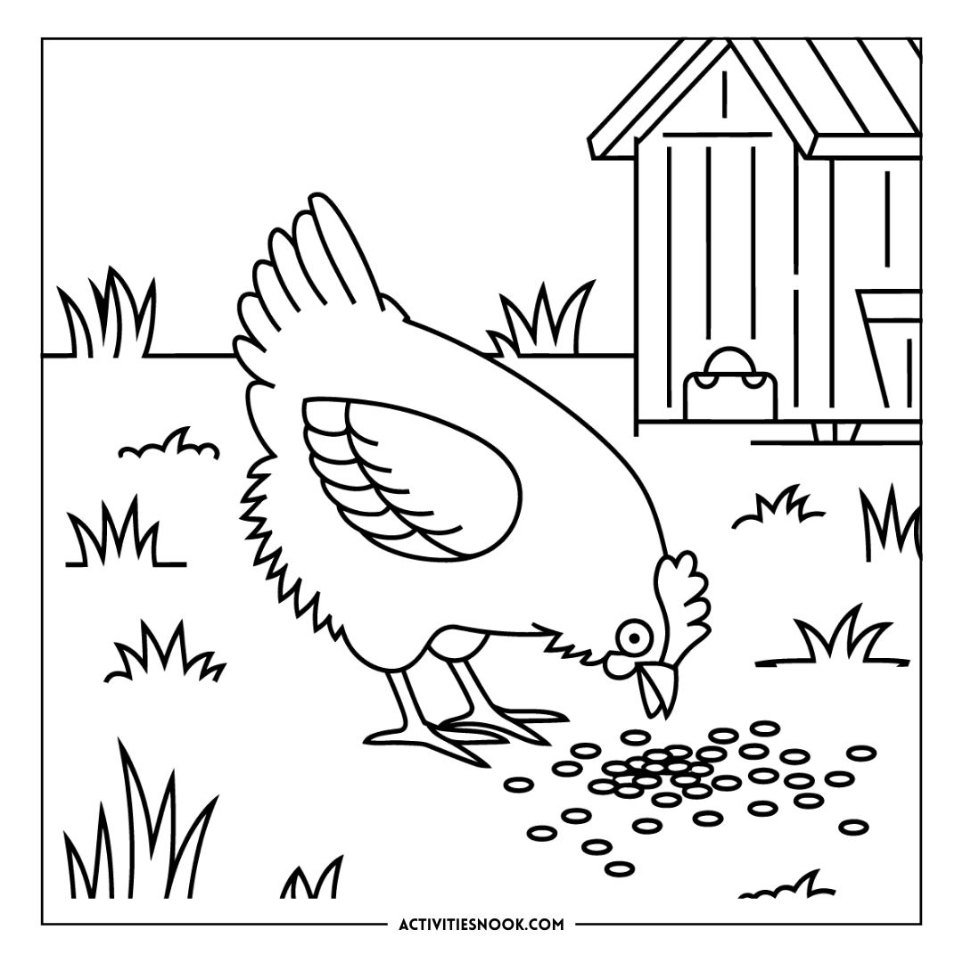 Black and white coloring page featuring a chicken pecking at seeds in a grassy area near a small coop.