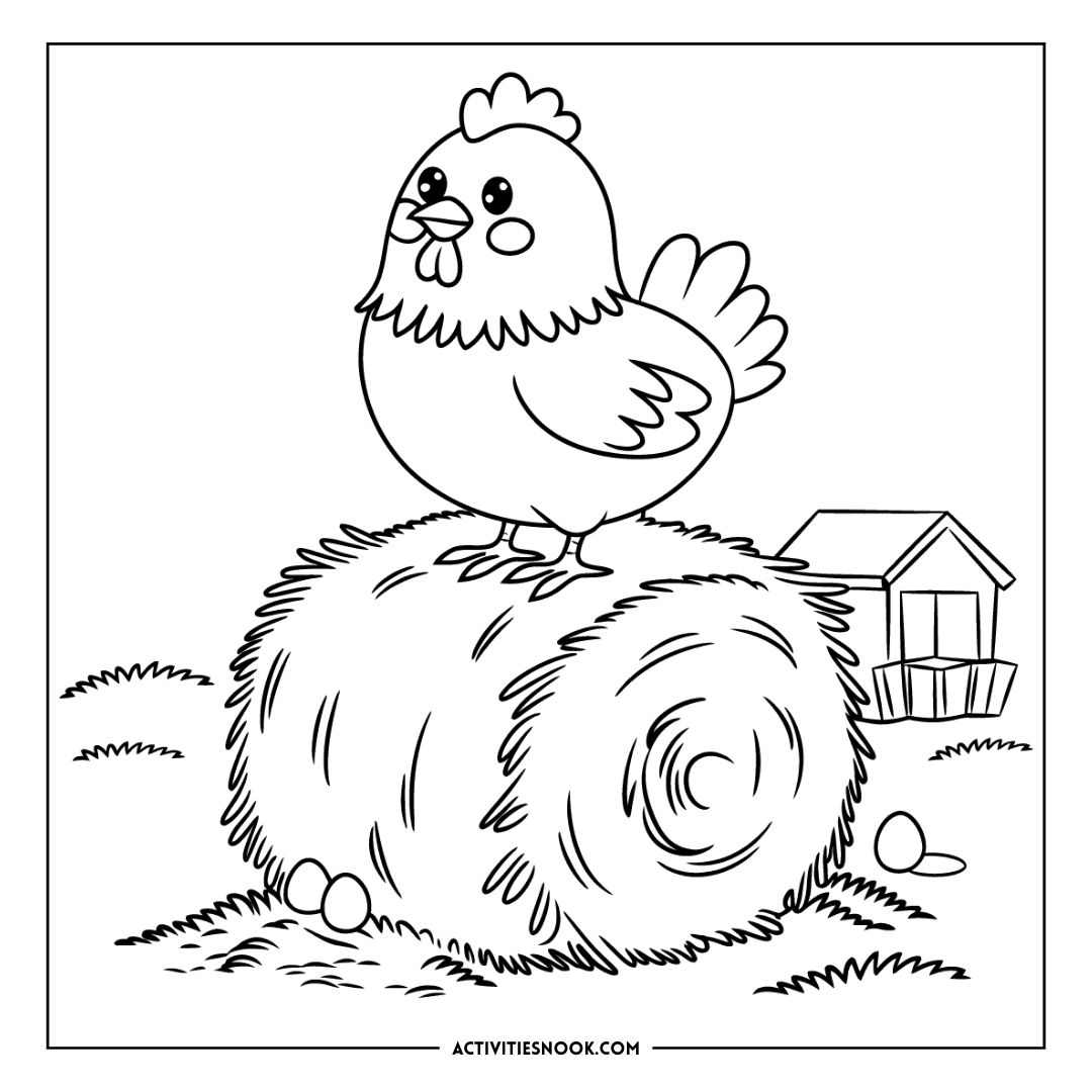 Coloring page featuring a chicken standing on a hay bale with eggs nearby and a small barn in the background.
