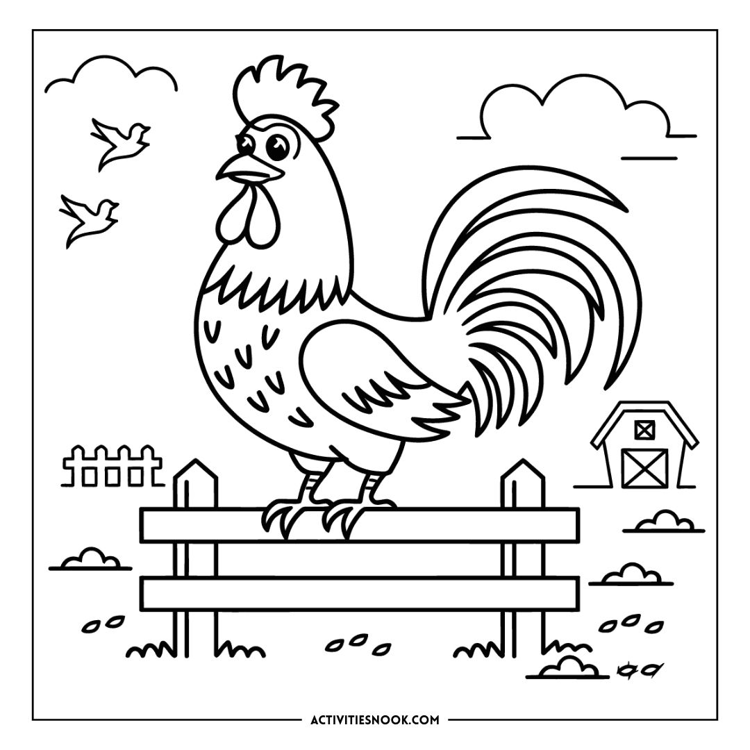 Line drawing of a rooster standing on a fence with birds and clouds in the background.