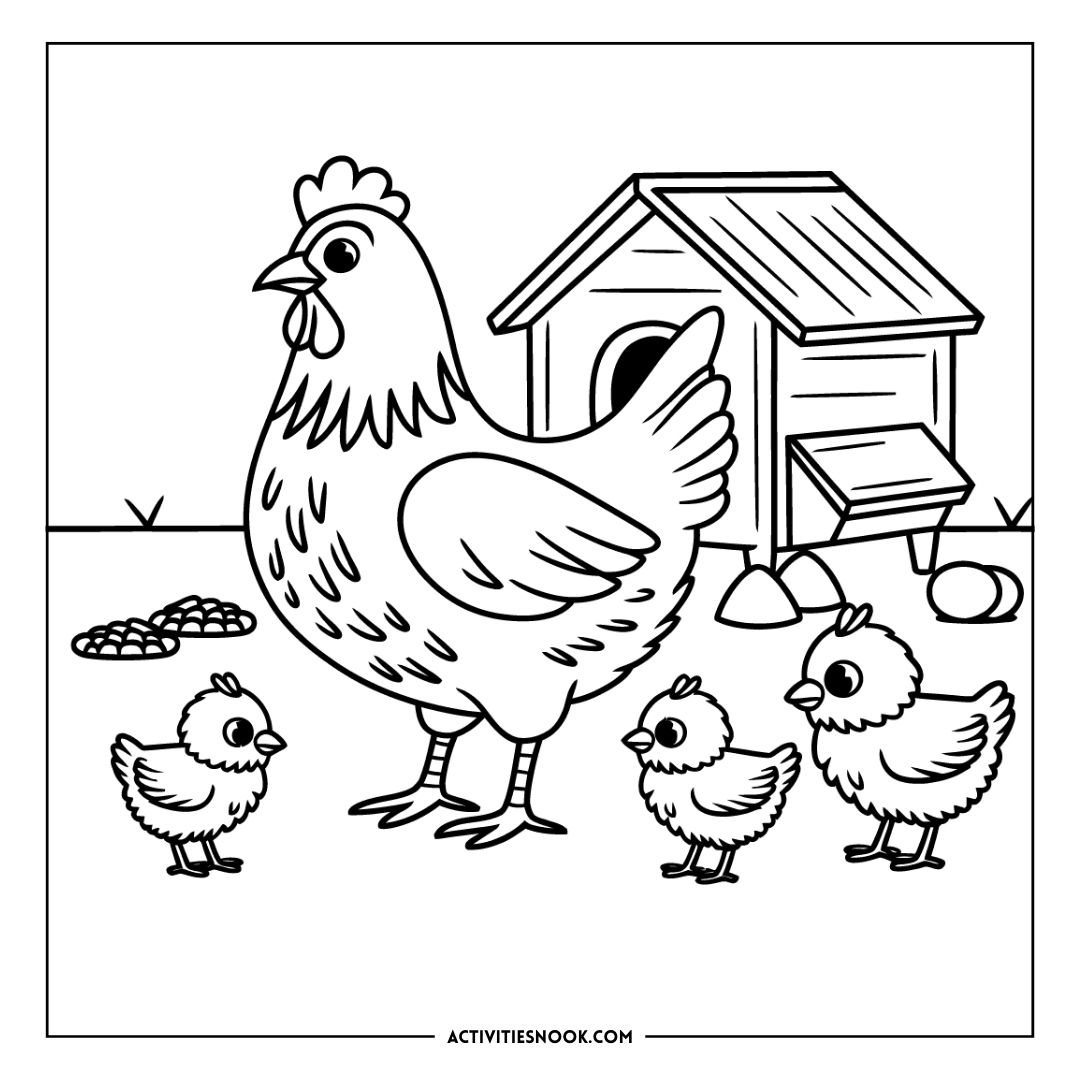 Black and white coloring page featuring a hen with three chicks and a small chicken coop.