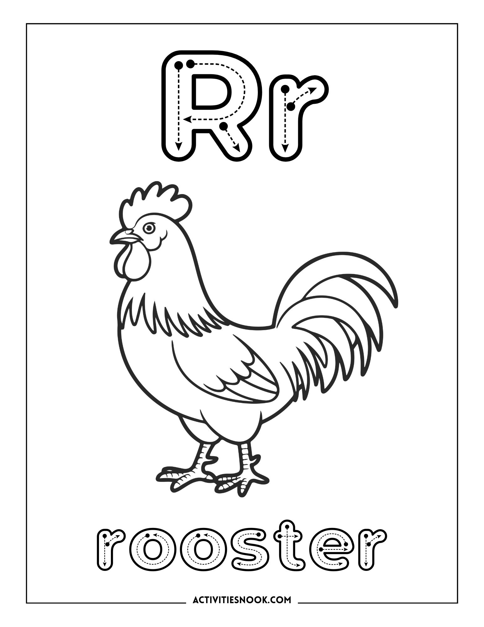Black and white coloring page featuring a rooster with the letter 'R' and the word 'rooster' below.