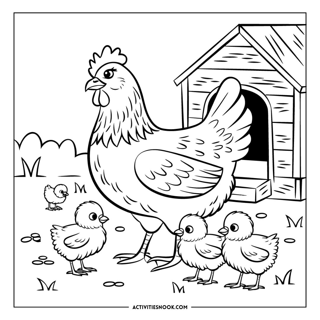 Black and white illustration of a hen with three chicks near a small barn.