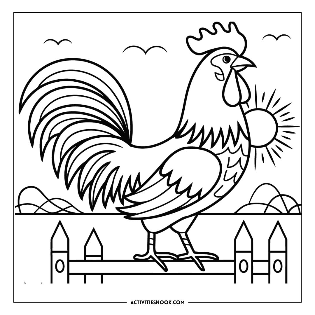 Black and white coloring page of a rooster standing on a fence with a sun in the background.