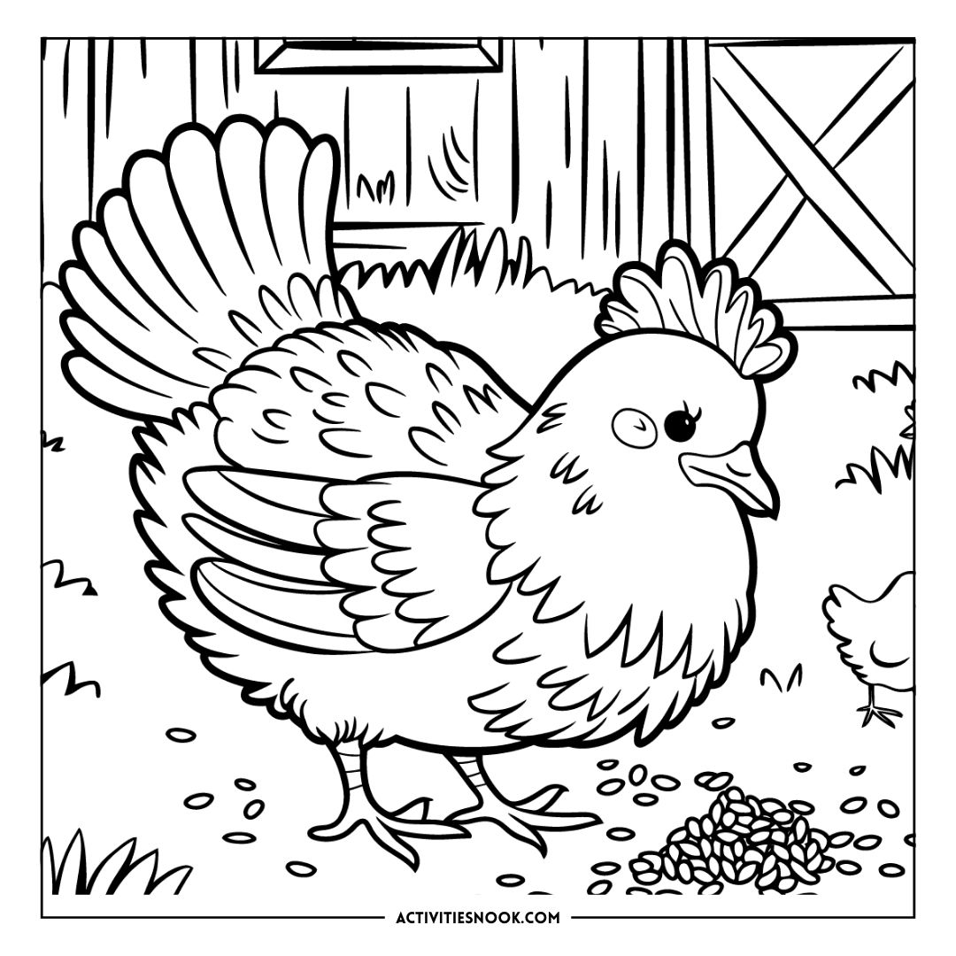 Line art illustration of a chicken pecking at seeds on the ground, suitable for coloring activities.