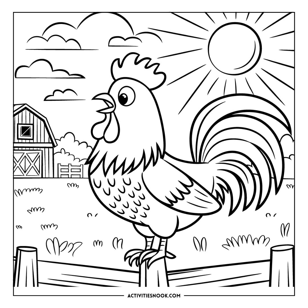 Black and white coloring page featuring a rooster standing on a fence with a barn and sun in the background.