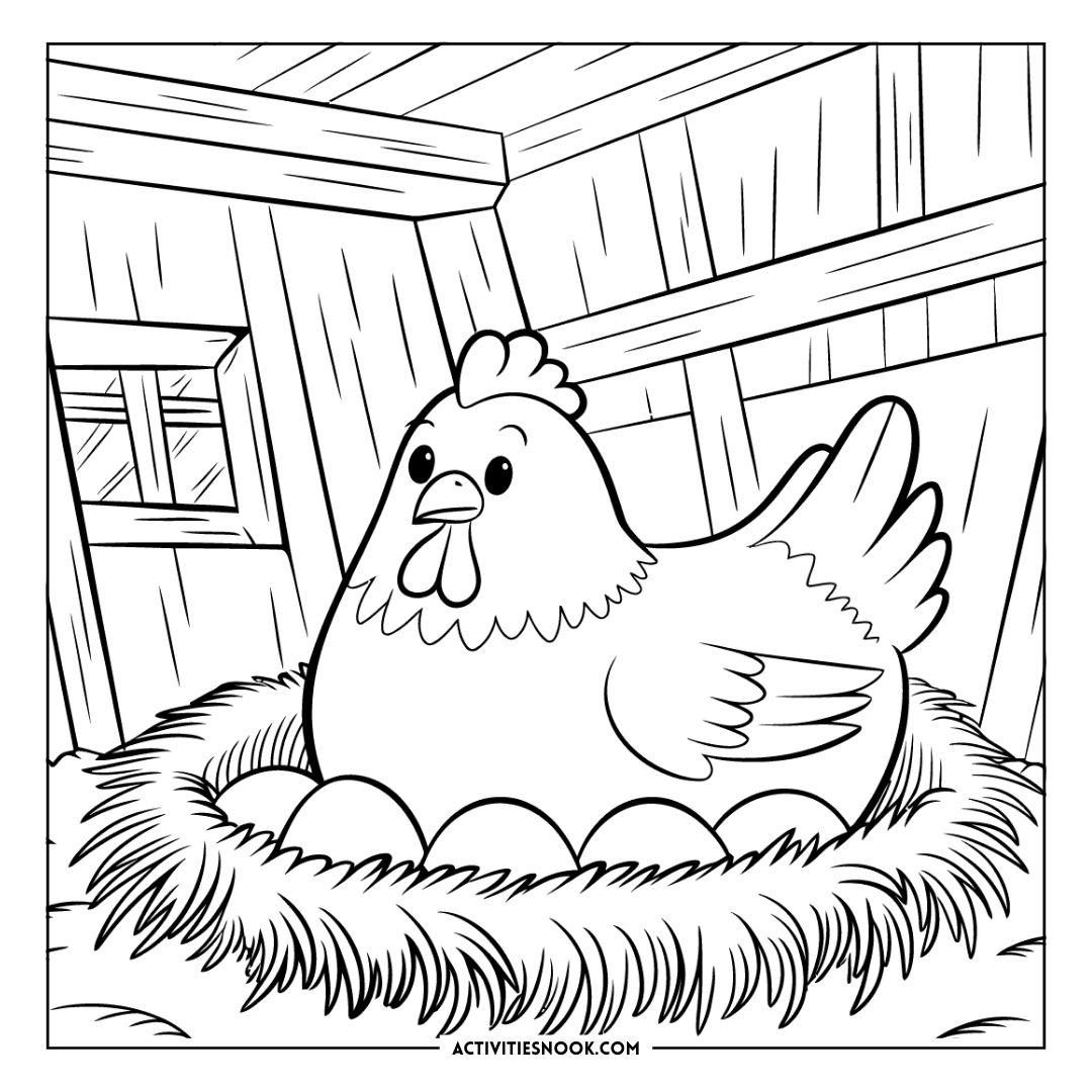 A cartoon-style chicken sitting in a nest with eggs in a barn setting.