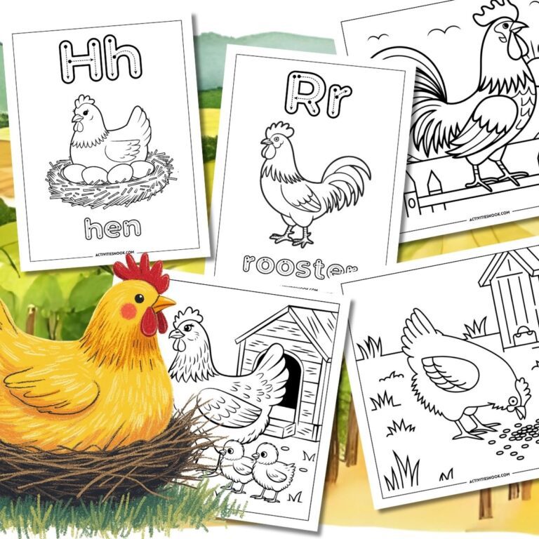 Coloring pages featuring a hen, rooster, and chicks with letters Hh and Rr for educational activities.