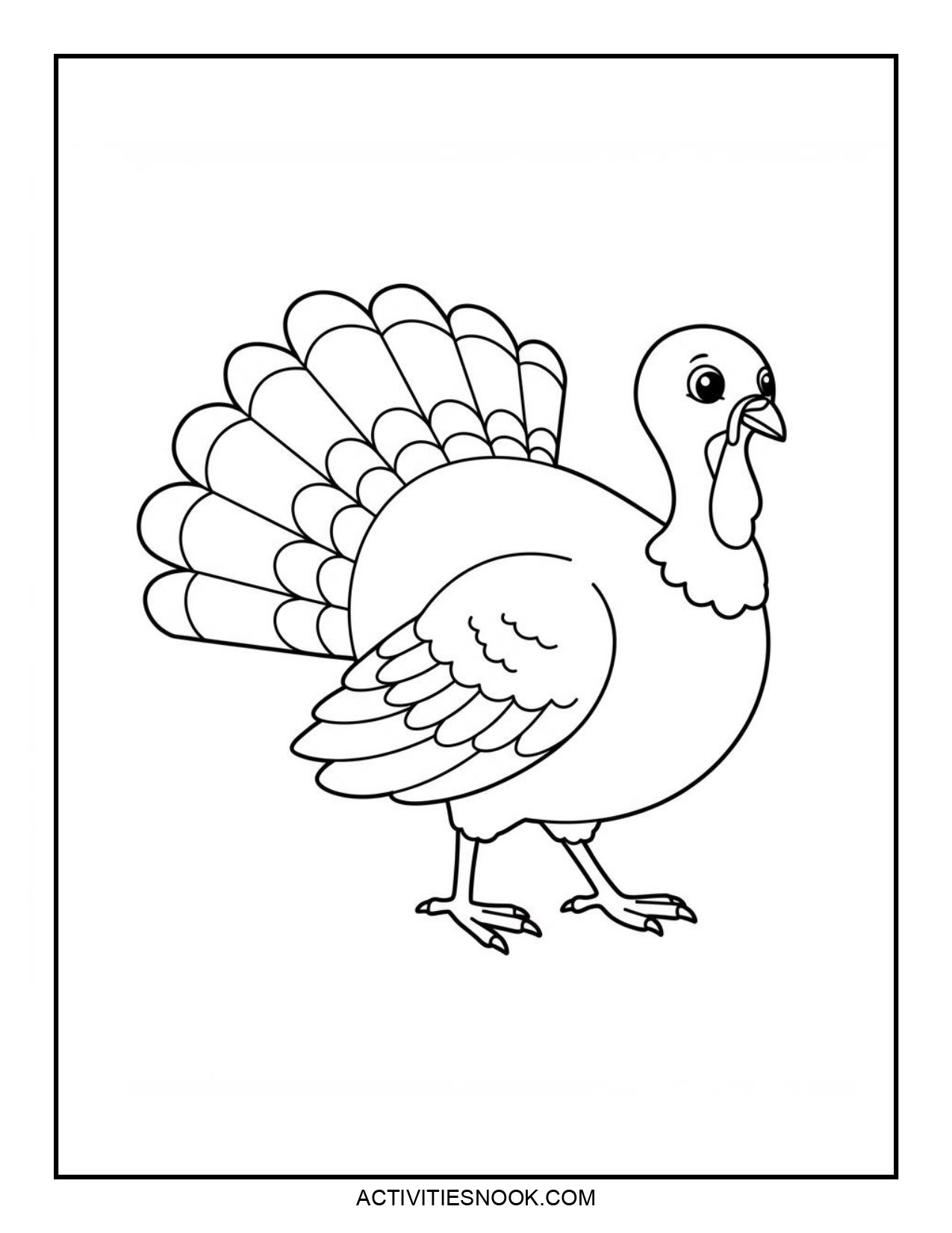 Black and white outline drawing of a turkey with detailed feathers and a prominent beak.