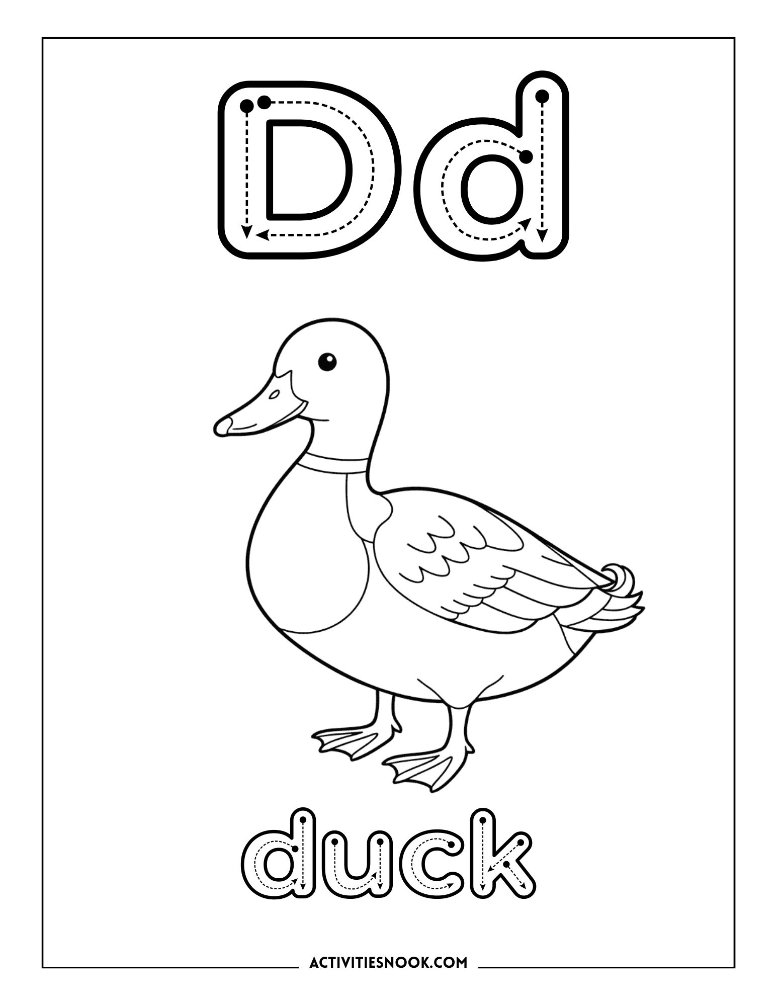 Coloring page featuring a duck with labeled letter 'D' and the word 'duck' below it for educational purposes.
