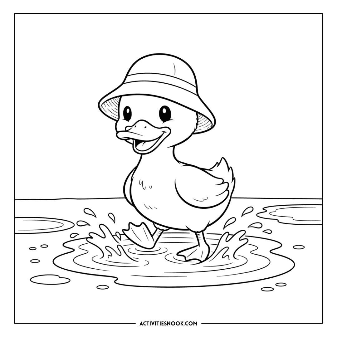 A cartoon duck wearing a hat splashing in water, designed for coloring activities.