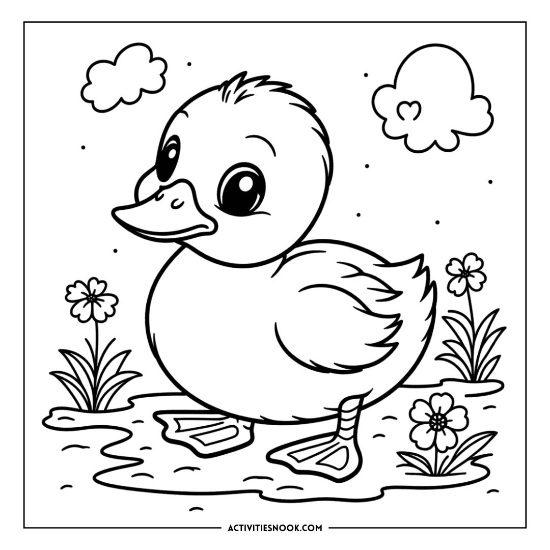 Coloring page featuring a cartoon duckling standing on grass with flowers and clouds in a simple outline design.