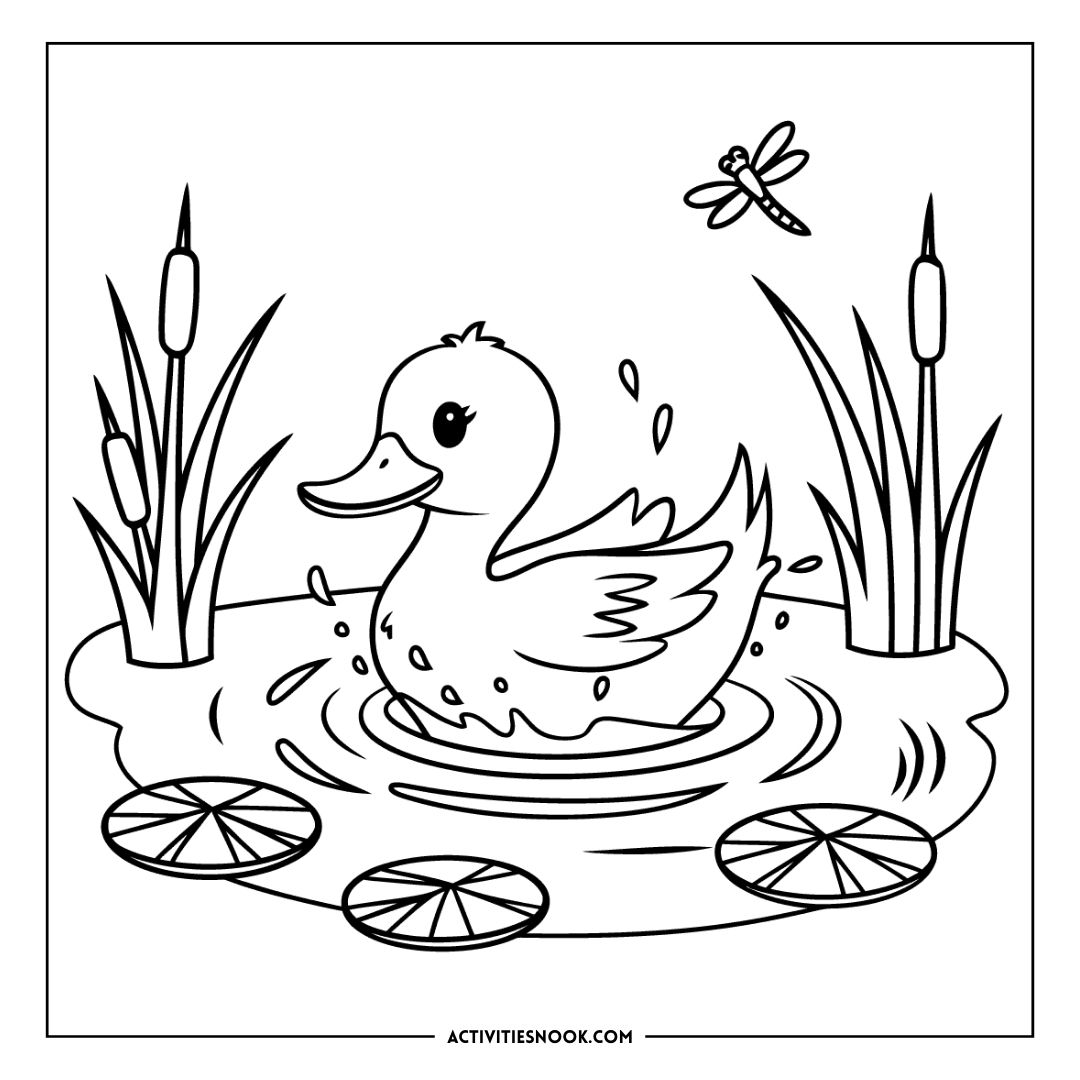 Coloring page featuring a duck swimming in a pond surrounded by lily pads and cattails.