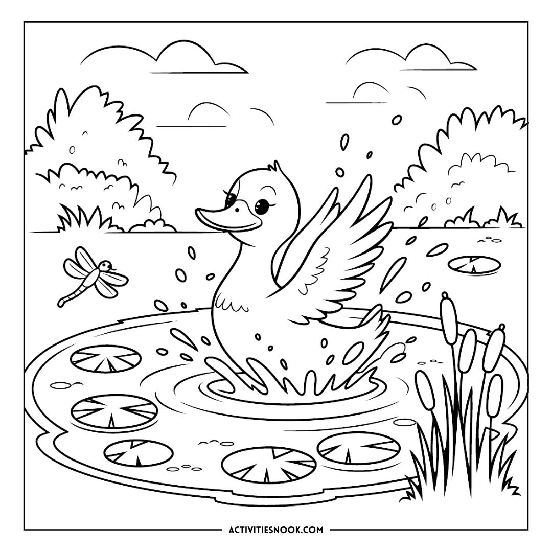 Coloring page featuring a duck splashing in a pond surrounded by lily pads and a dragonfly.