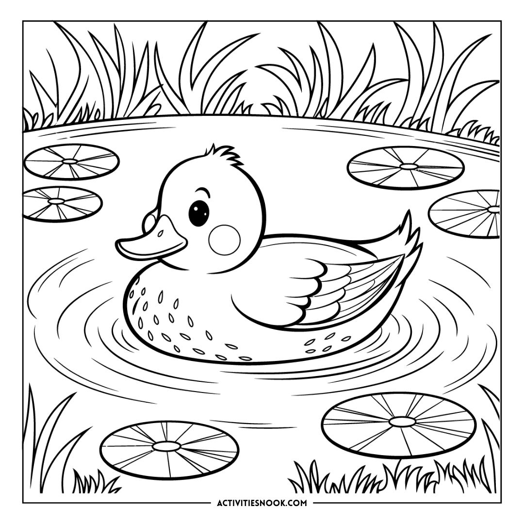Coloring page featuring a duck swimming in a pond surrounded by lily pads and grass.