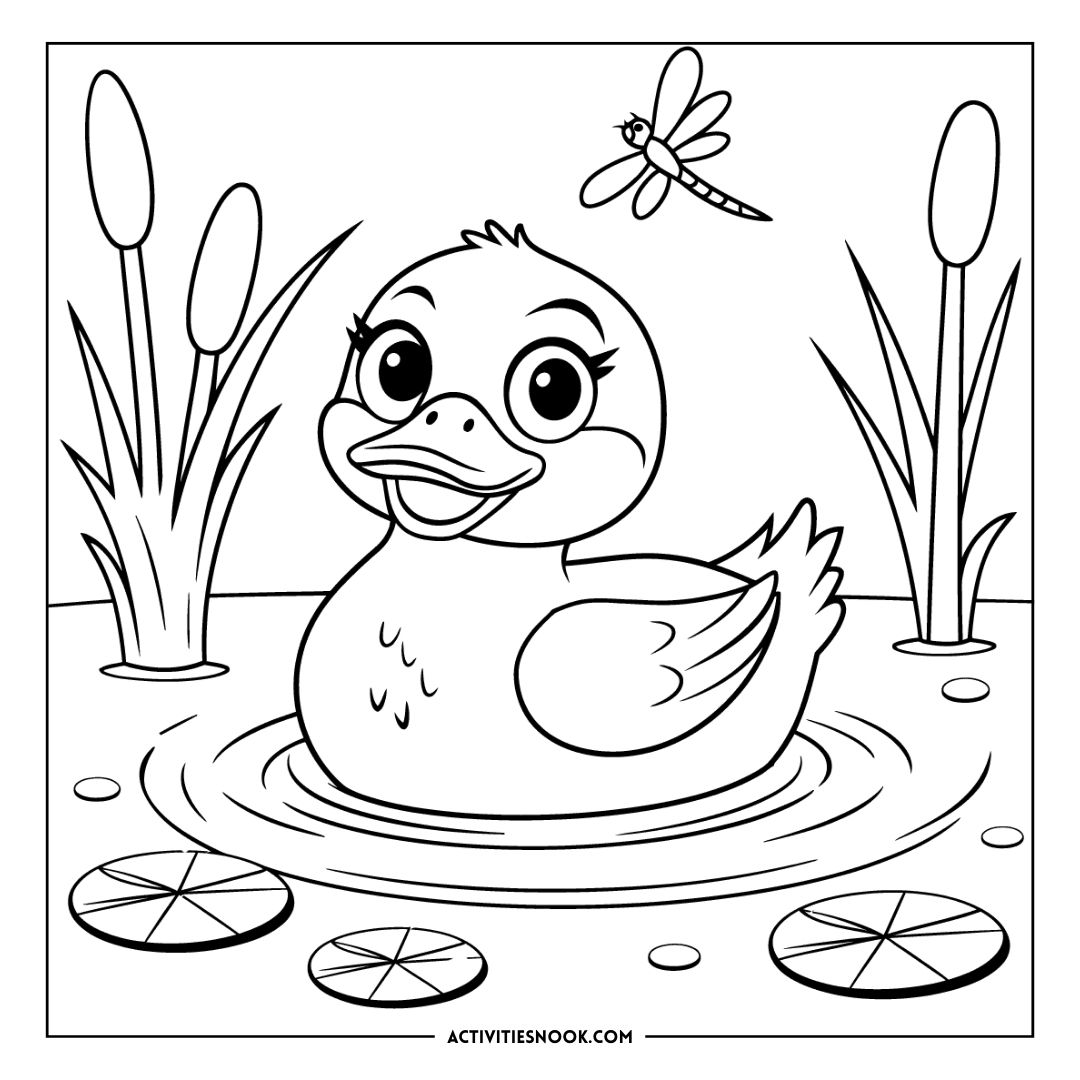 Coloring page featuring a duck swimming in a pond surrounded by lily pads and a dragonfly above.