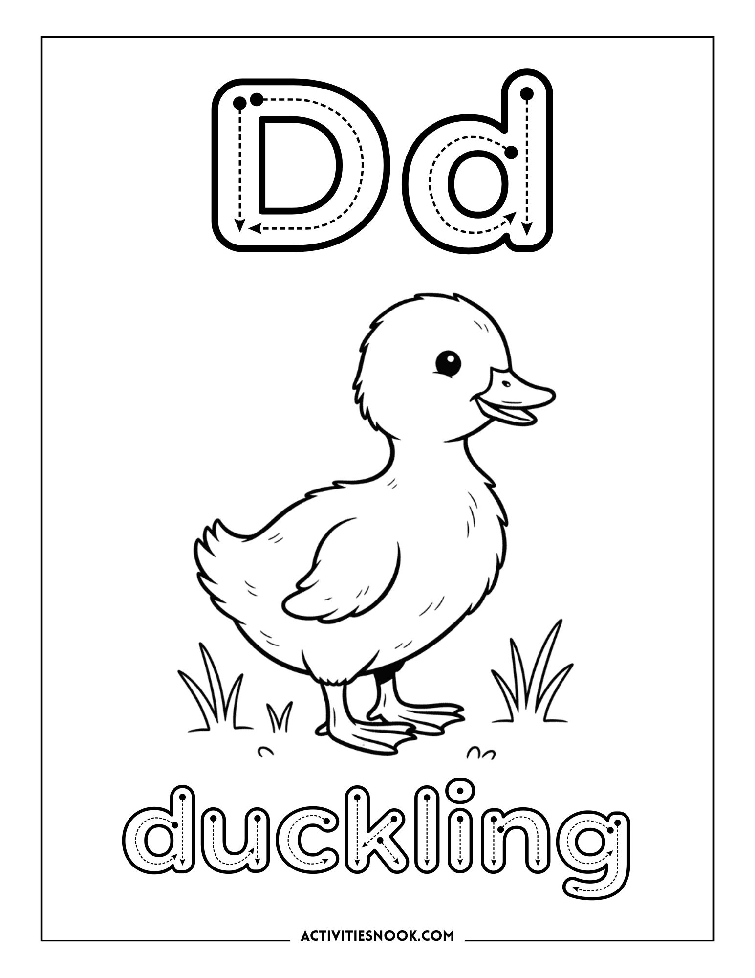 Coloring page featuring a duckling with the letter 'D' and the word 'duckling' below it.