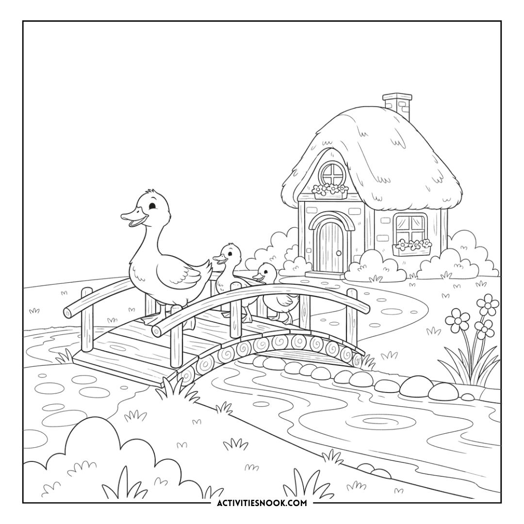 Coloring page featuring a duck and duckling on a bridge in front of a cottage.