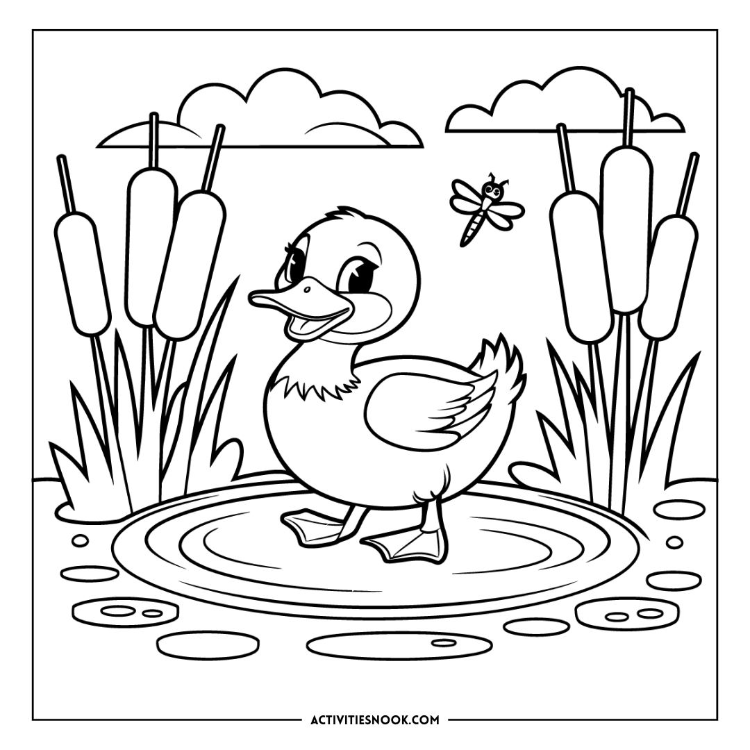 Coloring page featuring a smiling duck standing in a pond surrounded by cattails and a dragonfly.